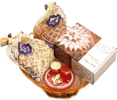 Ghasitaram Gifts Hampers-Gold Wired Basket with Kaju Katli, Almonds, Namkeen Pouch with Mini pooja Thali Combo(5)
