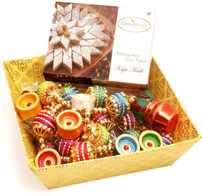 Ghasitaram Gifts Hampers-Yellow Basket with Kaju Katli, Toran and Diyas Combo(9)