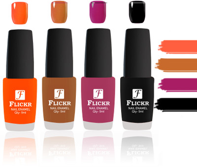 Flickr Evergreen Nail Polish Combo With Single Coat Application Orange, Brown, Purple, Black(Pack of 4)
Flickr Evergreen Nail Polish Combo With Single Coat Application Orange, Brown, Purple, Black(Pack of 4)