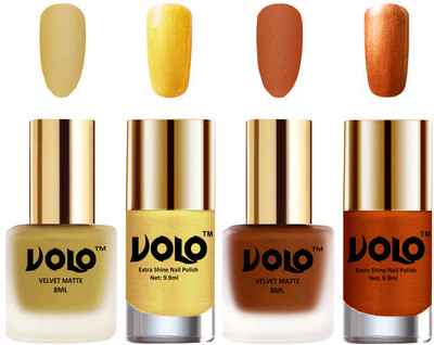Volo Extra Shine AND Dull Velvet Matte Nail Polish Duo Combo Metallic Golden, Metallic Coral, Gold Chrome, Red Gold(Pack of 4)
Volo Extra Shine AND Dull Velvet Matte Nail Polish Duo Combo Metallic Golden, Metallic Coral, Gold Chrome, Red Gold(Pack of 4)