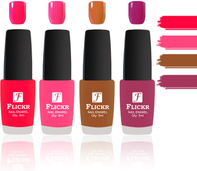 Flickr Evergreen Nail Polish Combo With Single Coat Application Sweet Red,Peach,Brown,Purple(Pack of 4)