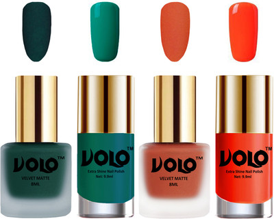 Volo Extra Shine AND Dull Velvet Matte Nail Polish Duo Combo Dark Green, Orange, Radium Green, Coral(Pack of 4)
Volo Extra Shine AND Dull Velvet Matte Nail Polish Duo Combo Dark Green, Orange, Radium Green, Coral(Pack of 4)