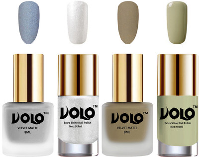 Volo Extra Shine AND Dull Velvet Matte Nail Polish Duo Combo Metallic Silver, Sand Nude, Metallic Silver, Mischievous Mint(Pack of 4)
Volo Extra Shine AND Dull Velvet Matte Nail Polish Duo Combo Metallic Silver, Sand Nude, Metallic Silver, Mischievous Mint(Pack of 4)