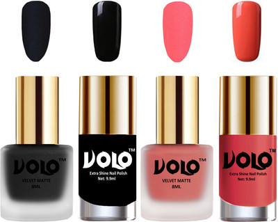 Volo Extra Shine AND Dull Velvet Matte Nail Polish Duo Combo Black, Dark Peach, Black, Peach Crush(Pack of 4)
Volo Extra Shine AND Dull Velvet Matte Nail Polish Duo Combo Black, Dark Peach, Black, Peach Crush(Pack of 4)