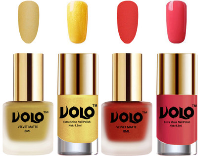 Volo Extra Shine AND Dull Velvet Matte Nail Polish Duo Combo Metallic Golden, Coral, Gold Chrome, Light Pink(Pack of 4)
Volo Extra Shine AND Dull Velvet Matte Nail Polish Duo Combo Metallic Golden, Coral, Gold Chrome, Light Pink(Pack of 4)