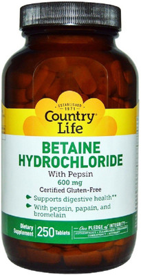 country Life Country Life, Betaine Hydrochloride, with Pepsin, 600 mg, 250 Tablets(250 No)
country Life Country Life, Betaine Hydrochloride, with Pepsin, 600 mg, 250 Tablets(250 No)