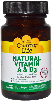 Country Life Country Life, Natural Vitamin A & D3, 10,000 IU/400 IU, 100 Softgels(100 No)
Country Life Country Life, Natural Vitamin A & D3, 10,000 IU/400 IU, 100 Softgels(100 No)