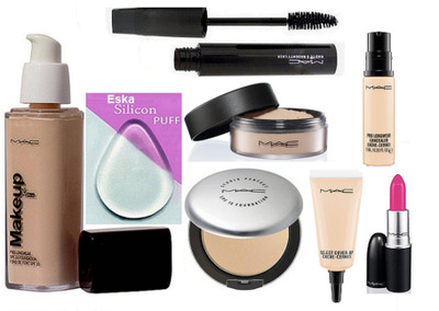 eska Silicon Puff, Makeup Pro Longwear Foundation Spf 10, Mac Studio Prefect Compact,Loose Powder,Select Cover Up,Pro longwear Concealer, Haute and Naughty Mascara,Candy yum-yum Lipstick(Set of 8)