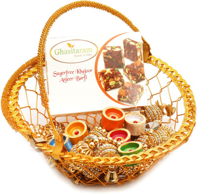 Ghasitaram Gifts Healthy Hampers-Golden Metal Basket Basket with Sugarfree Mix, Toran and Diyas Combo(9)
Ghasitaram Gifts Healthy Hampers-Golden Metal Basket Basket with Sugarfree Mix, Toran and Diyas Combo(9)