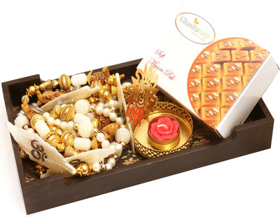Ghasitaram Gifts Yellow Wooden Tray with Mysore Pak, Toran and Om T-lIte Combo(3)
Ghasitaram Gifts Yellow Wooden Tray with Mysore Pak, Toran and Om T-lIte Combo(3)