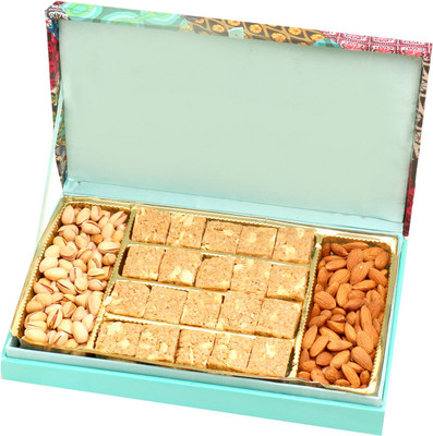 Ghasitaram Gifts Healthy Hampers-Festive Wooden Hamper box with Granula Bites , Almonds and Pistachios Combo(4)