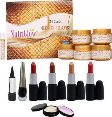 NutriGlow Set of 4 Lipsticks + 1 Eye liner + 1 Kajal + 1 Compact + 1 Gold Glow facial kit(Set of 8)
