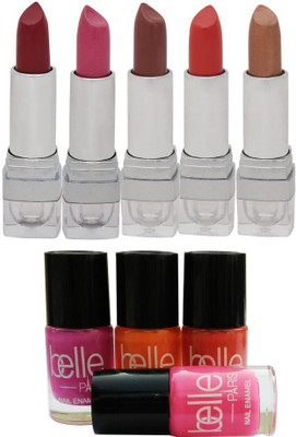 Belle Set of 5 Lipsticks + 4 Nail paints(Set of 9)