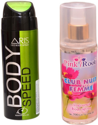 Pink Root CLUB NUIT FEMME BODY MIST 200ML WITH ARIS SPEED BODY DEO SPRAY FOR MEN 200ML(Set of 2)
Pink Root CLUB NUIT FEMME BODY MIST 200ML WITH ARIS SPEED BODY DEO SPRAY FOR MEN 200ML(Set of 2)