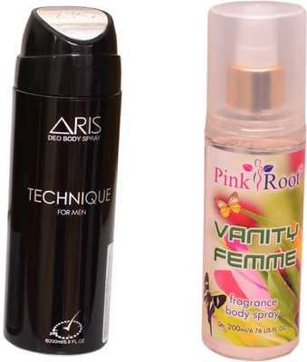 Pink Root VANITY FEMME BODY MIST 200ML WITH ARIS TECHNIQUE DEO BODY SPRAY FOR MEN 200ML(Set of 2) 
Pink Root VANITY FEMME BODY MIST 200ML WITH ARIS TECHNIQUE DEO BODY SPRAY FOR MEN 200ML(Set of 2)
