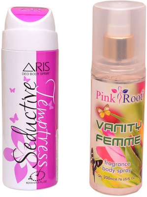 Pink Root VANITY FEMME BODY MIST 200ML WITH ARIS SEDUCTIVE DEO BODY SPRAY FOR WOMEN 200ML(Set of 2)
Pink Root VANITY FEMME BODY MIST 200ML WITH ARIS SEDUCTIVE DEO BODY SPRAY FOR WOMEN 200ML(Set of 2)