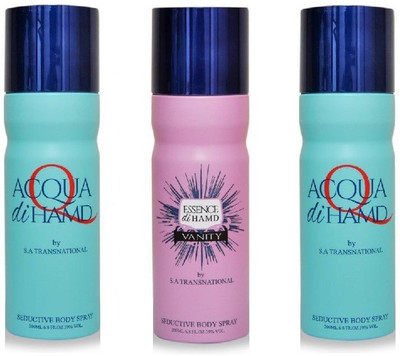 HAMD 2 ACQUA & 1 ESSENCE PACK OF 3 Deodorant Spray - For Men & Women(600 ml, Pack of 3)
HAMD 2 ACQUA & 1 ESSENCE PACK OF 3 Deodorant Spray - For Men & Women(600 ml, Pack of 3)