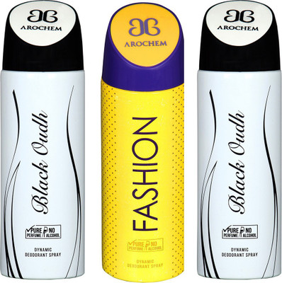 AROCHEM BLACK OUDH , FASHION AND BLACK OUDH DYNAMIC PURE Deodorant Spray - For Men & Women(200 ml, Pack of 3)
AROCHEM BLACK OUDH , FASHION AND BLACK OUDH DYNAMIC PURE Deodorant Spray - For Men & Women(200 ml, Pack of 3)