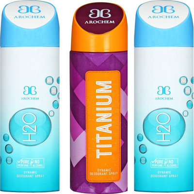 AROCHEM H2O , TITANIUM AND AND H2O DYNAMIC PURE Deodorant Spray - For Men & Women(200 ml, Pack of 3) 
AROCHEM H2O , TITANIUM AND AND H2O DYNAMIC PURE Deodorant Spray - For Men & Women(200 ml, Pack of 3)