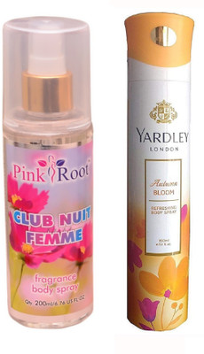 Pink Root CLUB NUIT FEMME MIST 200ML WITH YARDLEY LONDON AUTMN BLOOM DEO 150ML(Set of 2)
Pink Root CLUB NUIT FEMME MIST 200ML WITH YARDLEY LONDON AUTMN BLOOM DEO 150ML(Set of 2)