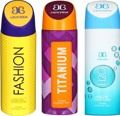 AROCHEM FASHION , TITANIUM AND H2O DYNAMIC PURE Deodorant Spray - For Men & Women(200 ml, Pack of 3)
AROCHEM FASHION , TITANIUM AND H2O DYNAMIC PURE Deodorant Spray - For Men & Women(200 ml, Pack of 3)