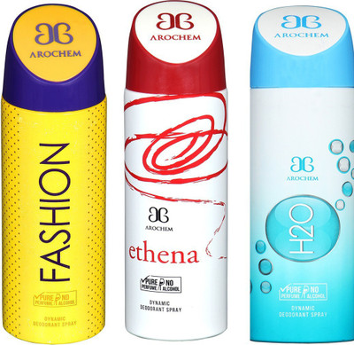 AROCHEM FASHION , ETHENA AND H2O DYNAMIC PURE Deodorant Spray - For Men & Women(200 ml, Pack of 3)
AROCHEM FASHION , ETHENA AND H2O DYNAMIC PURE Deodorant Spray - For Men & Women(200 ml, Pack of 3)