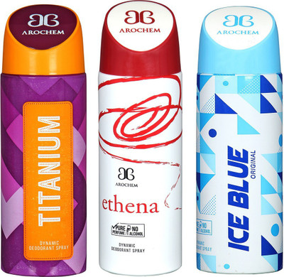 AROCHEM TITANIUM , ETHENA AND ICE BLUE DYNAMIC PURE Deodorant Spray - For Men & Women(200 ml, Pack of 3)
AROCHEM TITANIUM , ETHENA AND ICE BLUE DYNAMIC PURE Deodorant Spray - For Men & Women(200 ml, Pack of 3)
