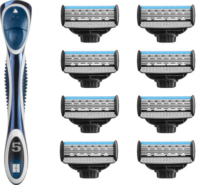 Hajamat Blu Racer V - 5 Blade Shaving Razor for Men ( 1 Razor Handle + 8 Cartridges )
Hajamat Blu Racer V - 5 Blade Shaving Razor for Men ( 1 Razor Handle + 8 Cartridges )