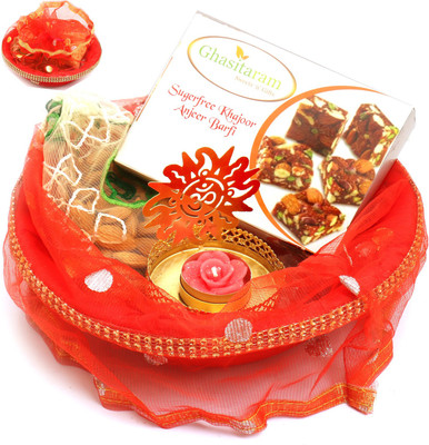 Ghasitaram Gifts Sugarfree Sweets-Red Potli Basket with almonds, Sugarfree bites Pouches and Om T- lite Combo(4)