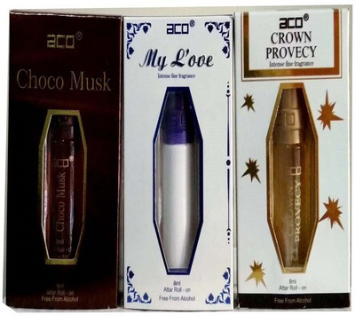 aco PERFUMES aco CHOCO MUSK, MY LOVE, CROWN PROVECY, 8ML attar roll on pack of 3 Floral Attar(Citrus)
aco PERFUMES aco CHOCO MUSK, MY LOVE, CROWN PROVECY, 8ML attar roll on pack of 3 Floral Attar(Citrus)