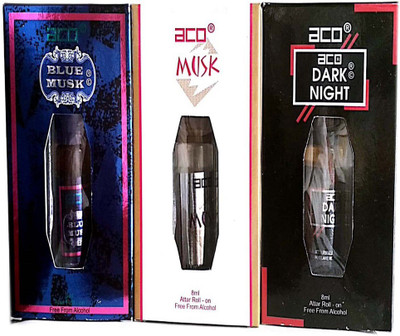 aco PERFUMES aco BLUE MUSK, MUSK, DARK NIGHT 8ML attar roll on pack of 3 Floral Attar(Leather)
aco PERFUMES aco BLUE MUSK, MUSK, DARK NIGHT 8ML attar roll on pack of 3 Floral Attar(Leather)