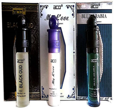 aco PERFUMES aco BLACK OUD, MY LOVE, BLUE AREBIA, 8ML attar roll on pack of 3 Floral Attar(Citrus)
aco PERFUMES aco BLACK OUD, MY LOVE, BLUE AREBIA, 8ML attar roll on pack of 3 Floral Attar(Citrus)