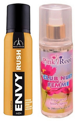 Pink Root CLUB NUIT FEMME MIST 200ML WITH ENVY RUSH DEO 120ML(Set of 2) 
Pink Root CLUB NUIT FEMME MIST 200ML WITH ENVY RUSH DEO 120ML(Set of 2)