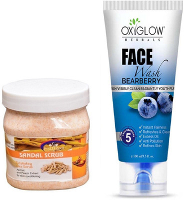 Pink Root SANDAL SCRUB 500ML WITH OXYGLOW BEARBERRY FACE WASH(Set of 2)