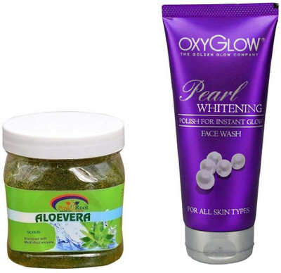Pink Root ALOE VERA SCRUB 500ML WITH OXYGLOW PEARL WHITENING FACE WASH(Set of 2)