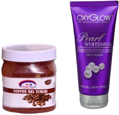 Pink Root COFFEE GEL SCRUB 500ML WITH OXYGLOW PEARL WHITENING FACE WASH(Set of 2)