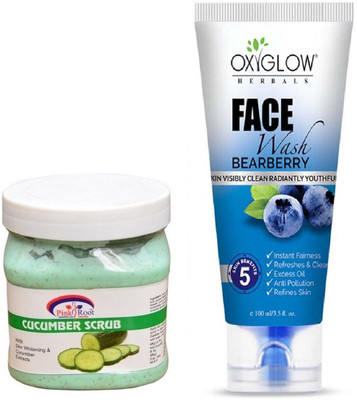 Pink Root CUCUMBER SCRUB 500ML WITH OXYGLOW BEARBERRY FACE WASH(Set of 2)