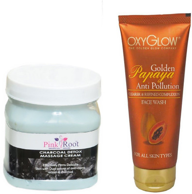 Pink Root CHARCOAL MASSAGE CREAM 500ML WITH OXYGLOW GOLDEN PAPAYA FACE WASH(Set of 2)