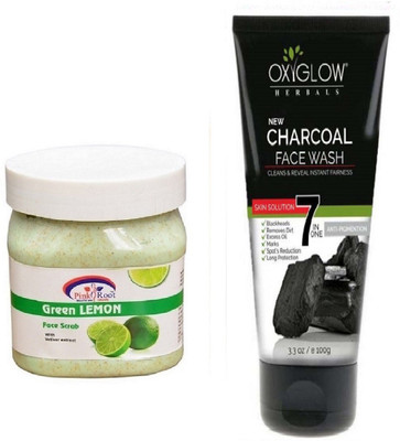 Pink Root GREEN LEMON SCRUB 500ML WITH OXYGLOW CHARCOAL FACE WASH(Set of 2)