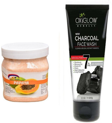 Pink Root PAPAYA SCRUB 500ML WITH OXYGLOW CHARCOAL FACE WASH(Set of 2)