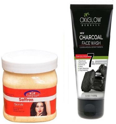 Pink Root SAFFRON SCRUB 500ML WITH OXYGLOW CHARCOAL FACE WASH(Set of 2)