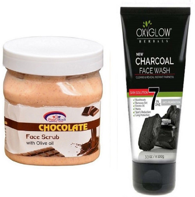 Pink Root CHOCOLATE SCRUB 500ML WITH OXYGLOW CHARCOAL FACE WASH(Set of 2)