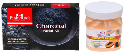 Pink Root CHARCOAL FACIAL KIT 83GM WITH PAPAYA CREAM 500ML(Set of 2)