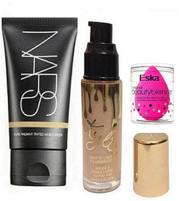 Eska Sponge Puff & Nars Pure Radiant Tinted moisturizer Foundation, Kylie Matte Liquid Foundation(Set of 3)