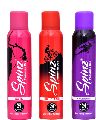 SPINZ ENCHANTE, EXOTIC, TRAILBLAZER Perfume Body Spray - For Men & Women(450 ml, Pack of 3)
SPINZ ENCHANTE, EXOTIC, TRAILBLAZER Perfume Body Spray - For Men & Women(450 ml, Pack of 3)