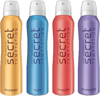 SECRET TEMPTATION-1 PASSION DEODORANT 150ML+1 ROMANCE DEODORANT 150ML+1 MYSTERY DEODORANT 150ML+1 PLAY DEODORANT 150ML Deodorant Spray - For Women(150 ml, Pack of 4)
SECRET TEMPTATION-1 PASSION DEODORANT 150ML+1 ROMANCE DEODORANT 150ML+1 MYSTERY DEODORANT 150ML+1 PLAY DEODORANT 150ML Deodorant Spray - For Women(150 ml, Pack of 4)