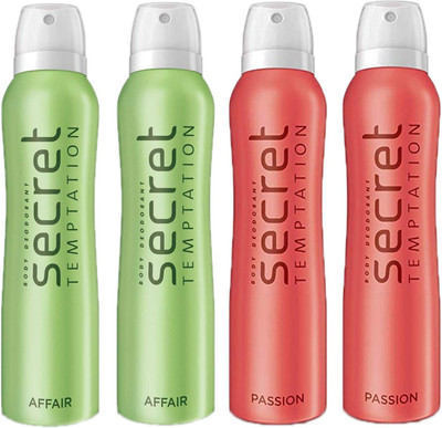 SECRET TEMPTATION-2 AFFAIR DEODORANT 150ML+2 PASSION DEODORANT 150ML Deodorant Spray - For Women(150 ml, Pack of 4)
SECRET TEMPTATION-2 AFFAIR DEODORANT 150ML+2 PASSION DEODORANT 150ML Deodorant Spray - For Women(150 ml, Pack of 4)