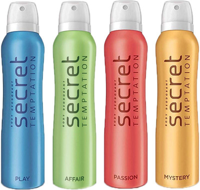SECRET TEMPTATION-1 MYSTERY DEODORANT 150ML+1 PLAY DEODORANT 150ML+1 PASSION DEODORANT 150ML+1 AFFAIR DEODORANT 150ML Deodorant Spray - For Women(150 ml, Pack of 4)
SECRET TEMPTATION-1 MYSTERY DEODORANT 150ML+1 PLAY DEODORANT 150ML+1 PASSION DEODORANT 150ML+1 AFFAIR DEODORANT 150ML Deodorant Spray - For Women(150 ml, Pack of 4)