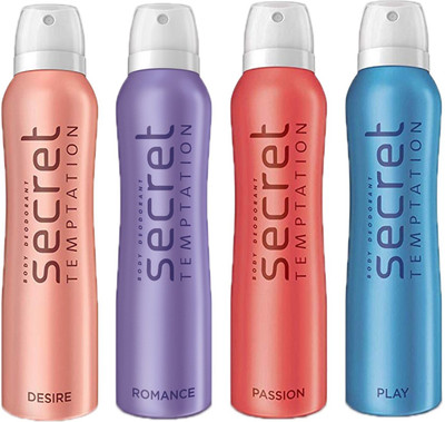 SECRET TEMPTATION-1 DESIRE DEODORANT 150ML+1 PLAY DEODORANT 150ML+1 PASSION DEODORANT 150ML+1 ROMANCE DEODORANT 150ML Deodorant Spray - For Women(150 ml, Pack of 4)
SECRET TEMPTATION-1 DESIRE DEODORANT 150ML+1 PLAY DEODORANT 150ML+1 PASSION DEODORANT 150ML+1 ROMANCE DEODORANT 150ML Deodorant Spray - For Women(150 ml, Pack of 4)
