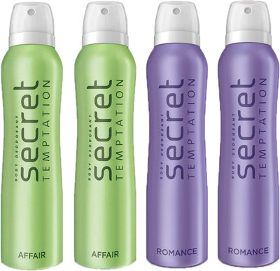 SECRET TEMPTATION-2 AFFAIR DEODORANT 150ML+2 ROMANCE DEODORANT 150ML Deodorant Spray - For Women(150 ml, Pack of 4)
SECRET TEMPTATION-2 AFFAIR DEODORANT 150ML+2 ROMANCE DEODORANT 150ML Deodorant Spray - For Women(150 ml, Pack of 4)